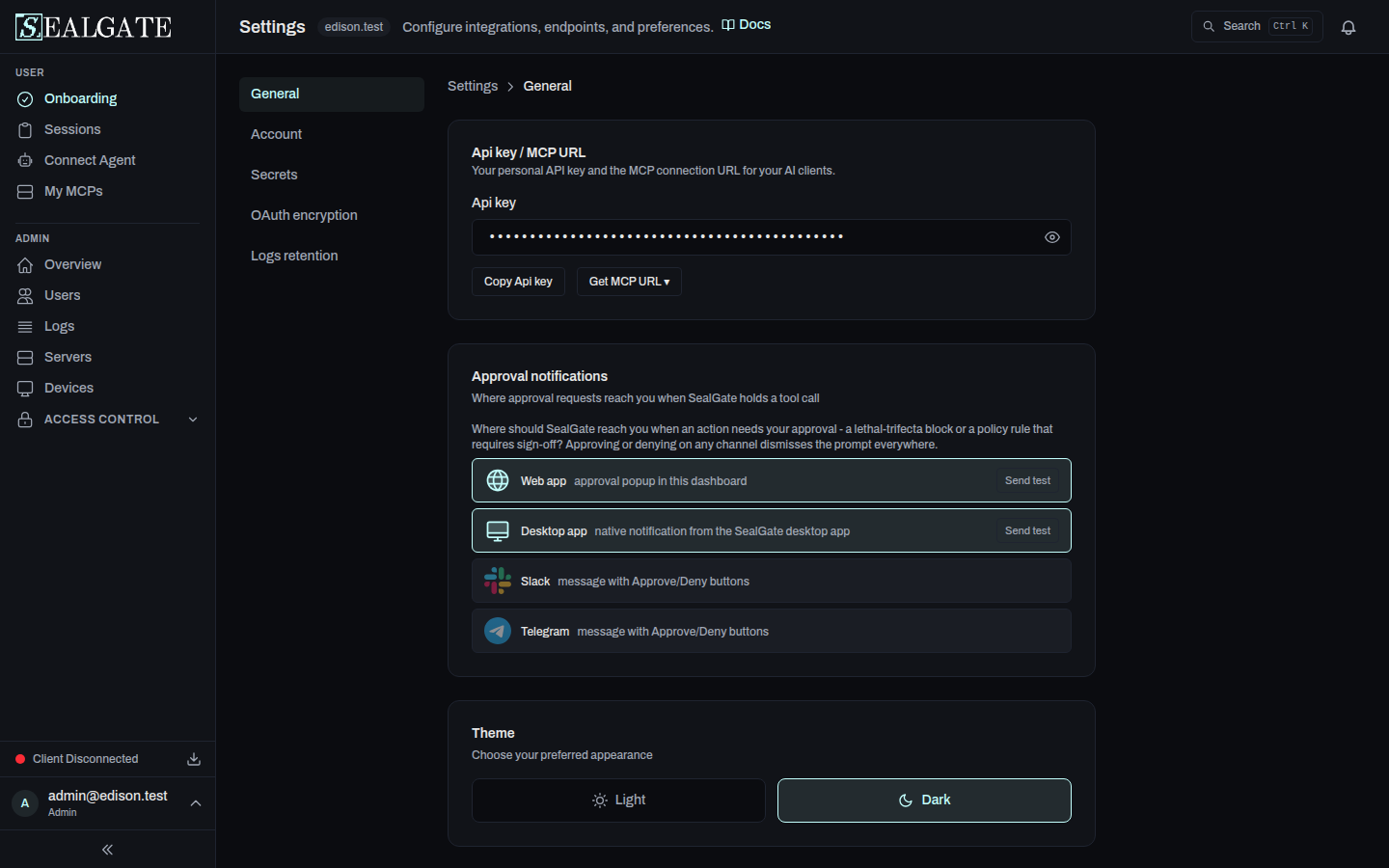 Settings page