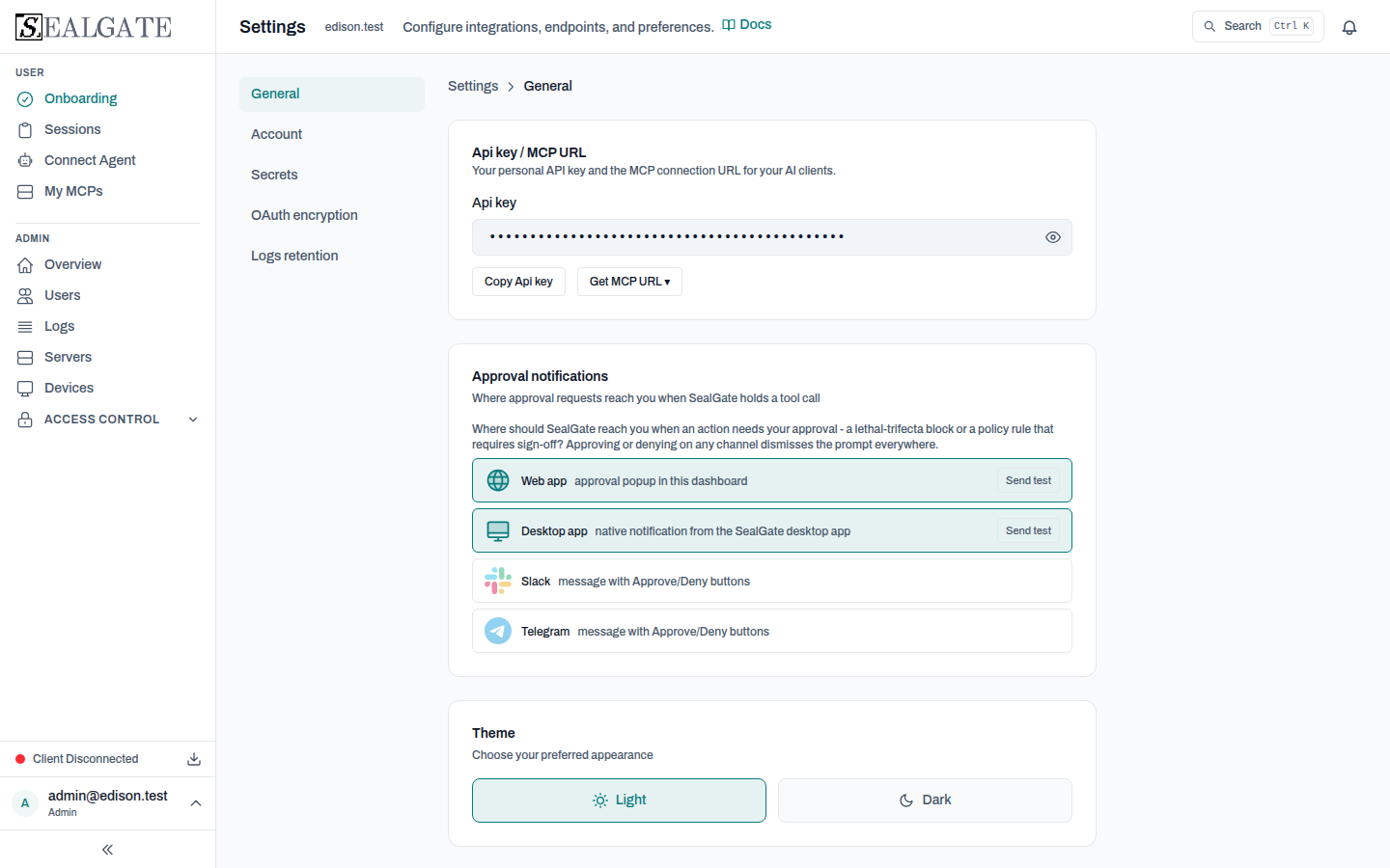 Settings page
